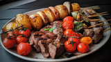 Smoked Leg of Lamb with Potatoes and Tomato Skewers